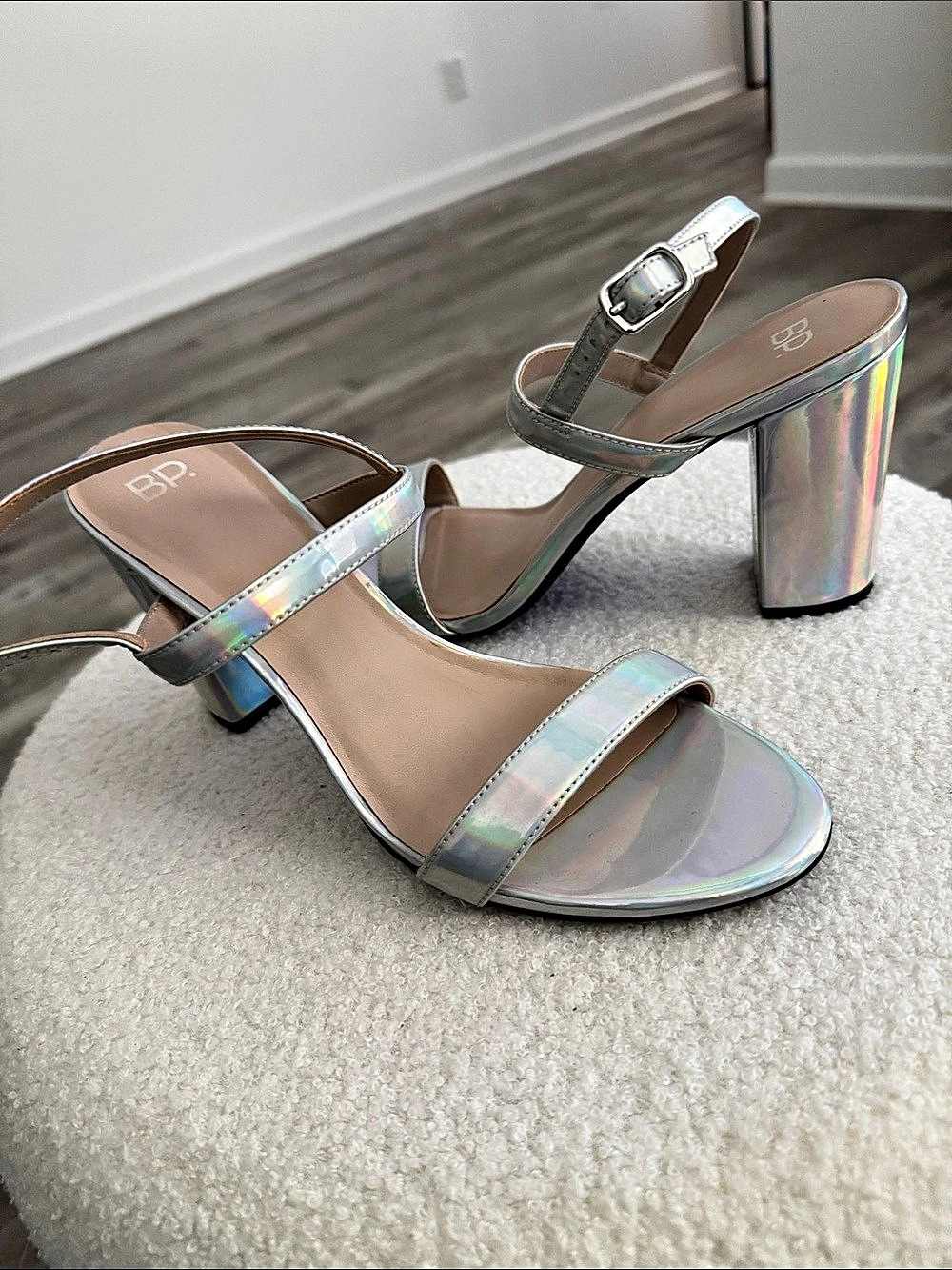 BP. Lula Block Heel Slide Sandal Silver